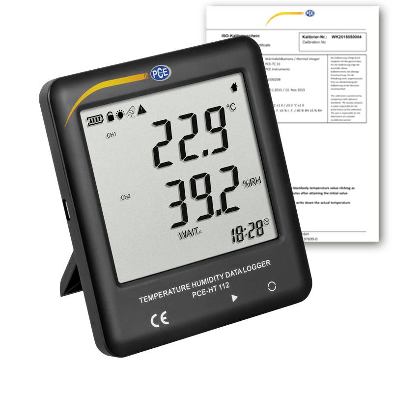 Digital temperatur- og fugtighedsdatalogger viser 22,9°C og 39,2% RH, med kalibreringscertifikat bag ved.