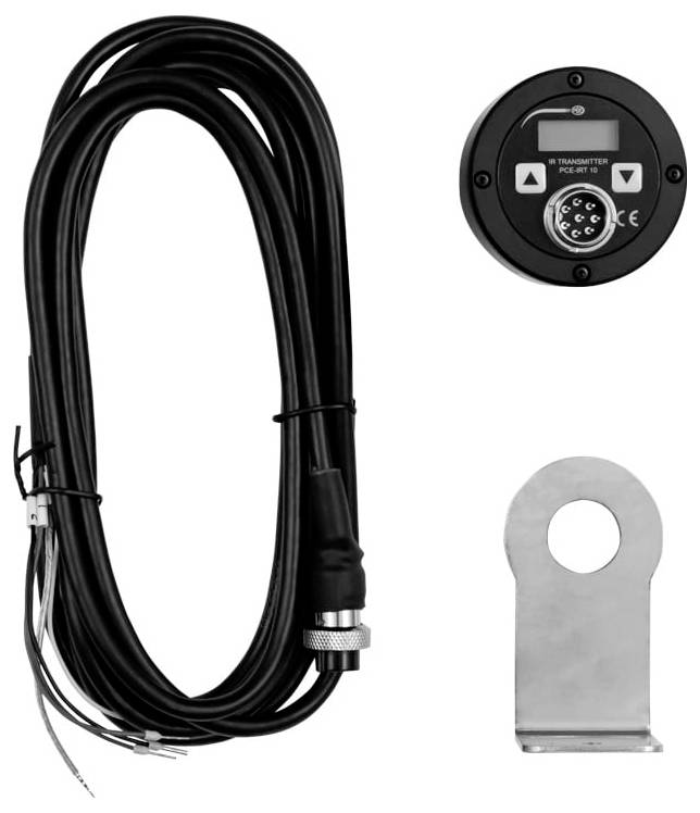 Rullet sort sensorkabel med stik, plus rundt transmitterdisplay og metalmonteringsbøjle vist som produktdele.