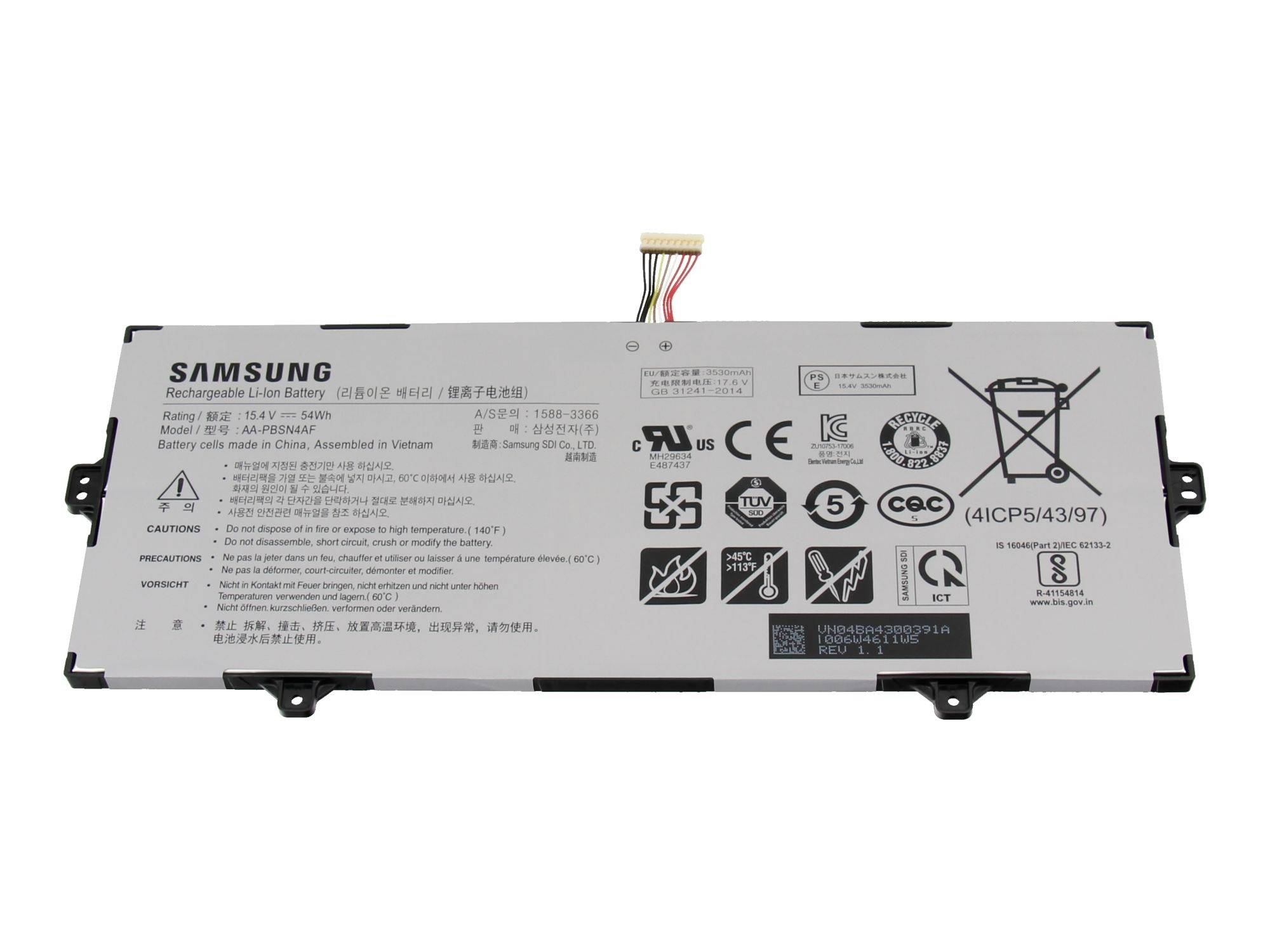 Samsung lithium-ion batteripak med stikkablekabel, vist på en hvid baggrund med sikkerhed og certificeringsmærker.