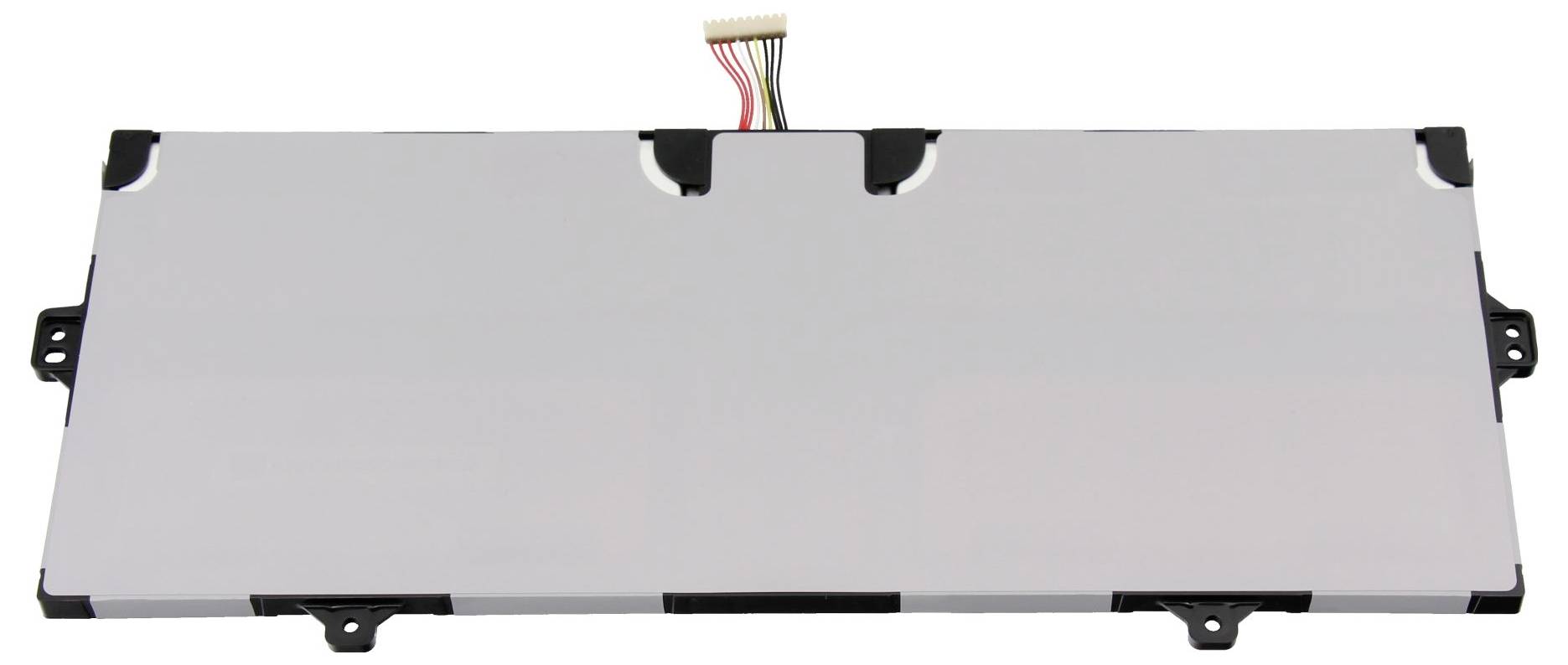 Rektangulært LCD-displaypanel med monteringshuller og et bånd-kabelstik øverst, vist på hvid baggrund.