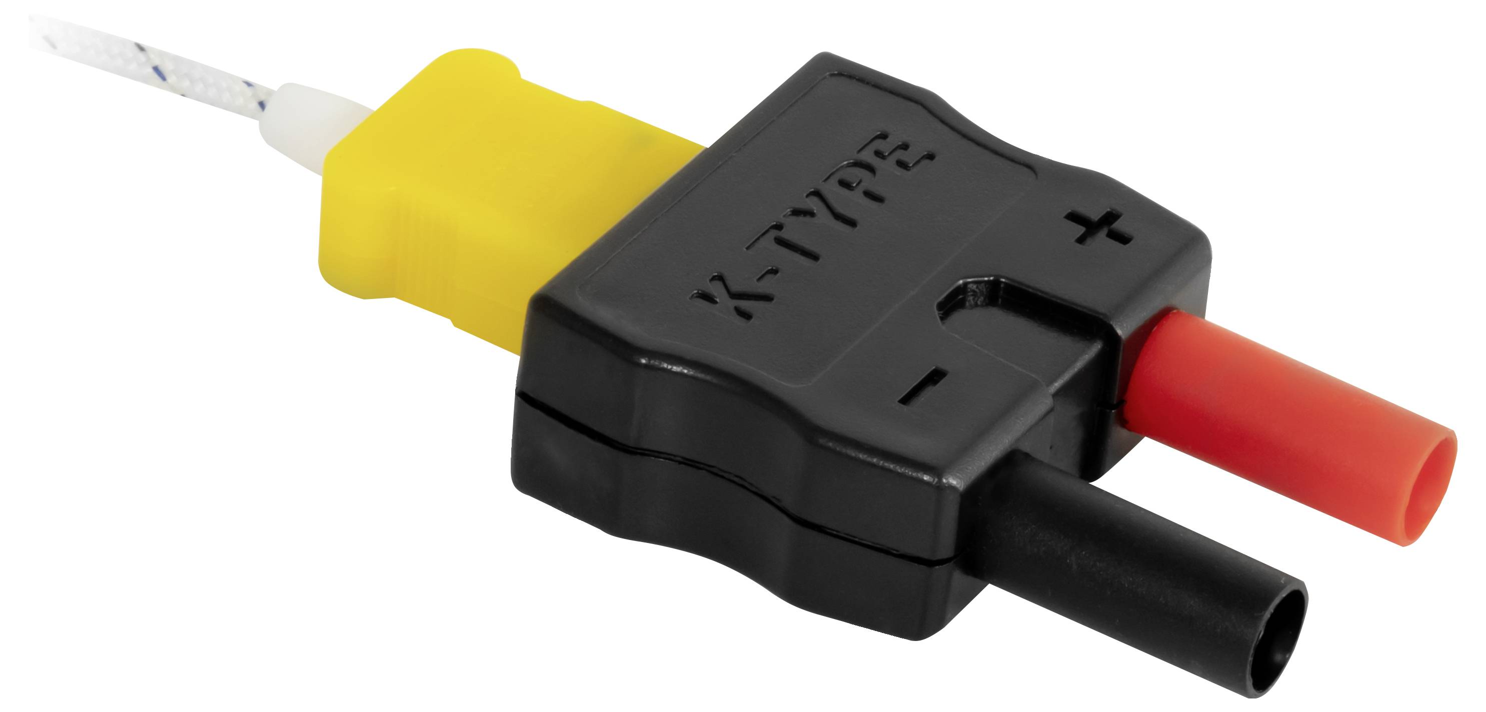 Nærbillede af en termoelement-stik adapter, sort plastikkrop mærket 'K-TYPE' med røde og sorte sensorsnorhaler.