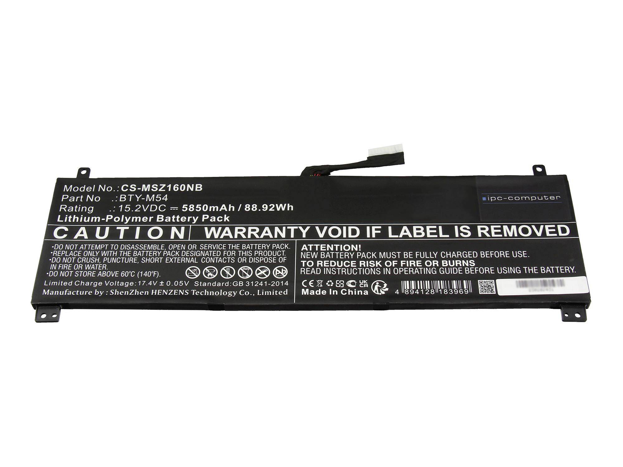 Sort bærbar computeribatteri mærket 'ADVARSEL GARANTILABELS FJERNET' med model CS-MSZ160NB og 15,2V 5850mAh-vurdering på hvid baggrund