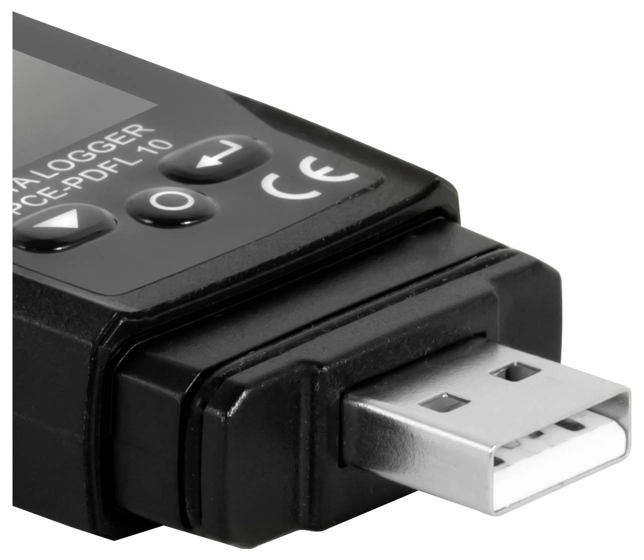 Nærbillede af en sort USB-datalogger med en USB-A-stik og knapper, mærket 'DATA LOGGER'.