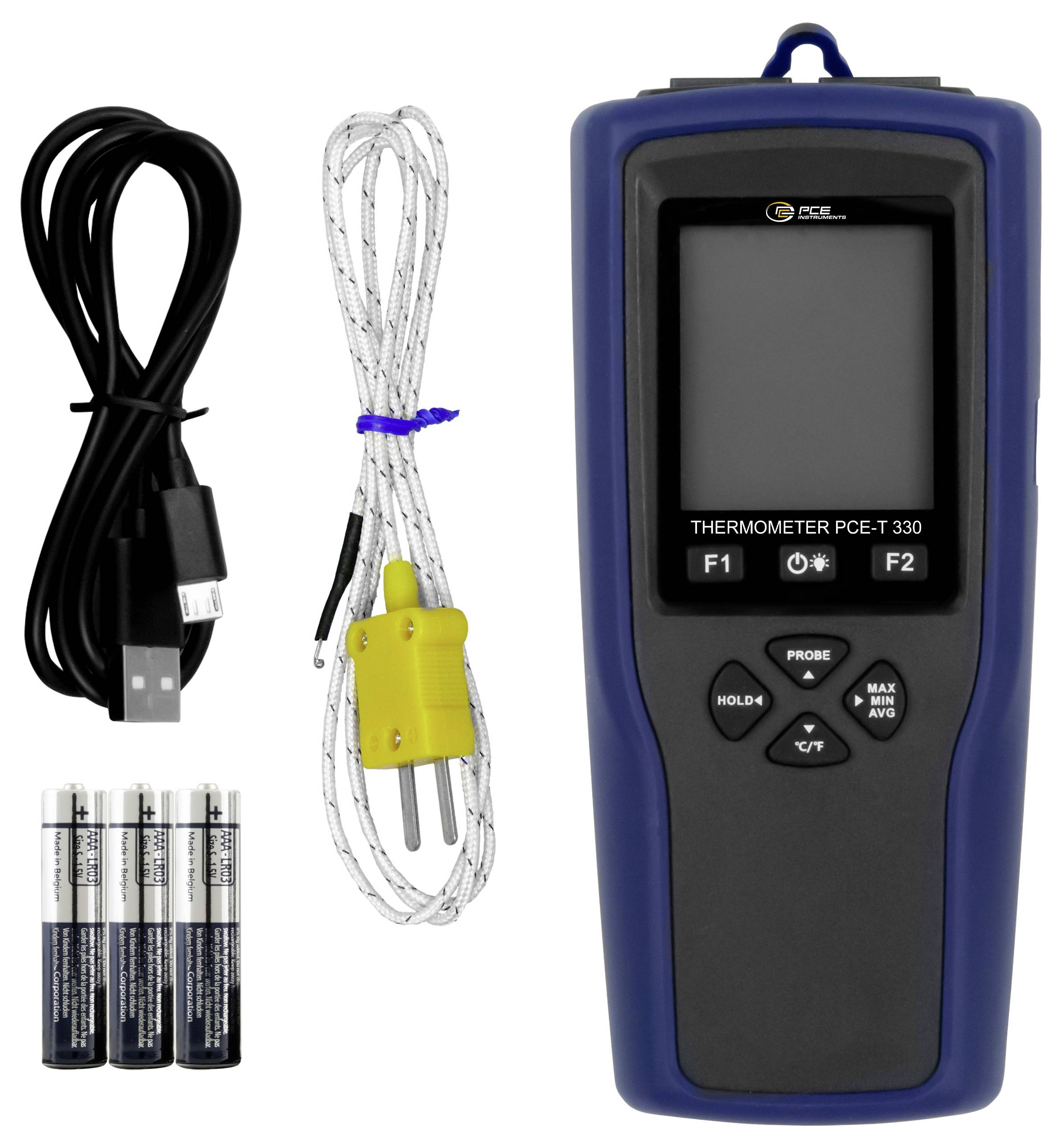 Håndholdt PCE-T 330 termometerkasse med føler, USB-kabel og tre batterier.