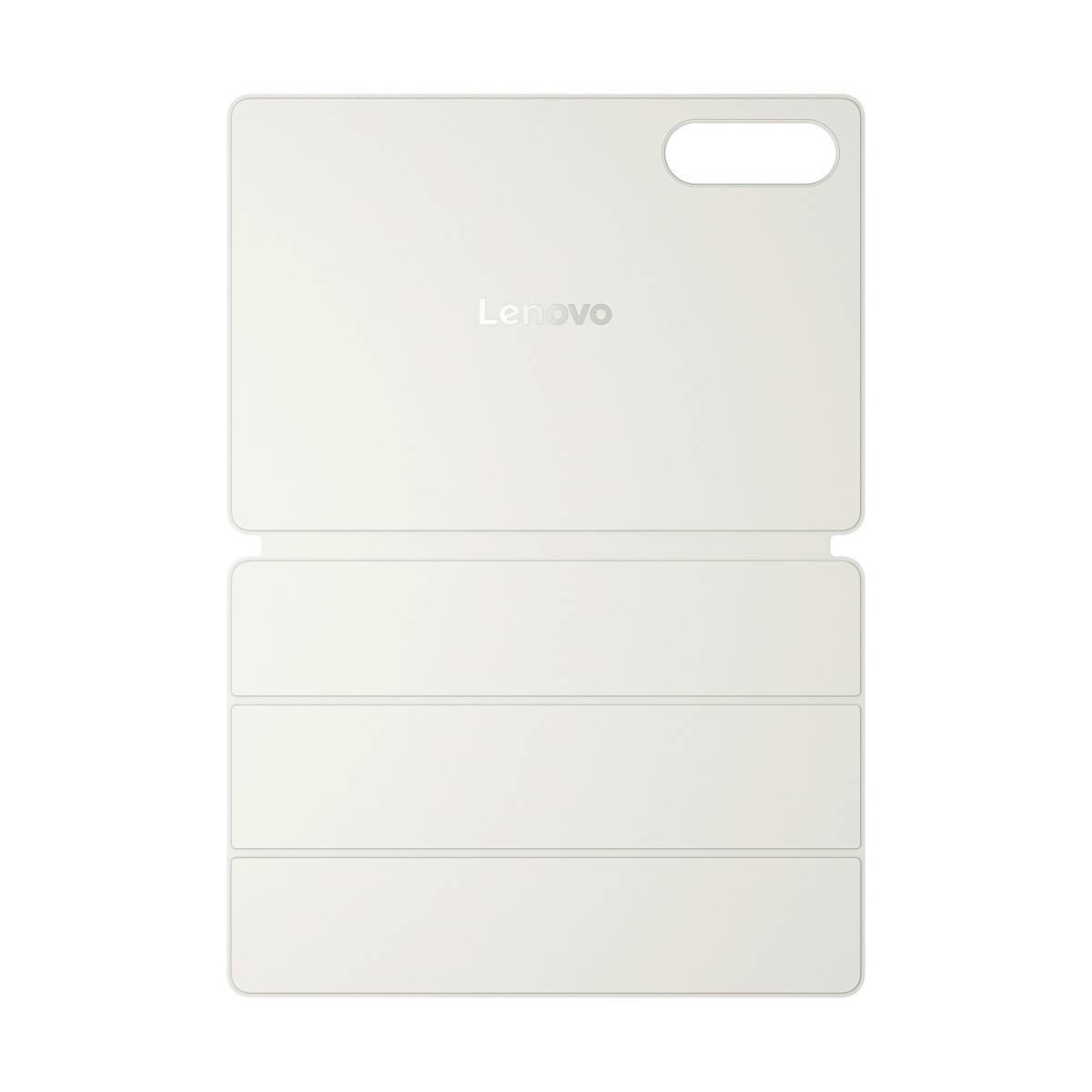En hvid Lenovo-bærbar computer eller tablet vist lukket, med en afrundet rektangulær kameraudskæring nær øverst til højre og tre stablede nedre paneler synlige.