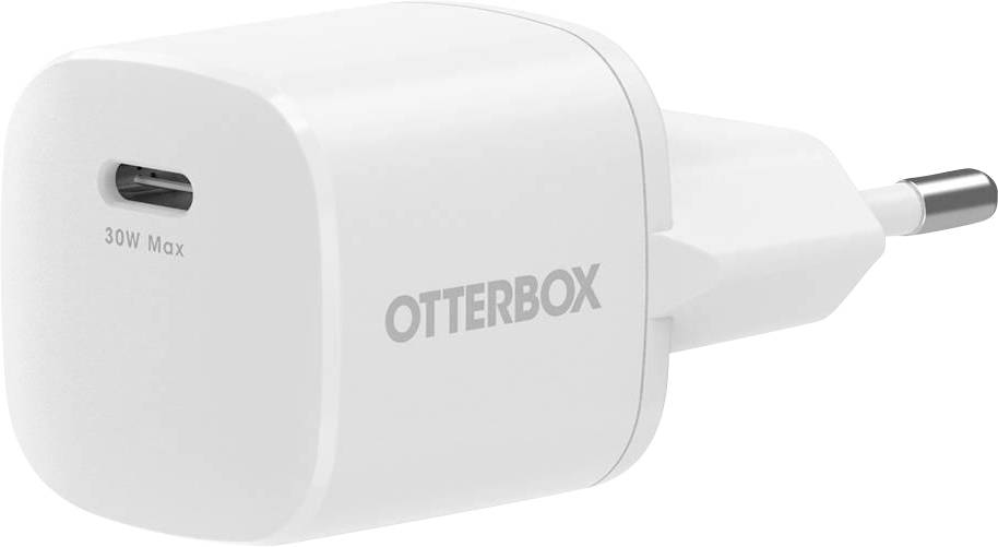 Hvid OtterBox vægoplader med USB-C-port og europæisk topolet stik, mærket 30W Max.