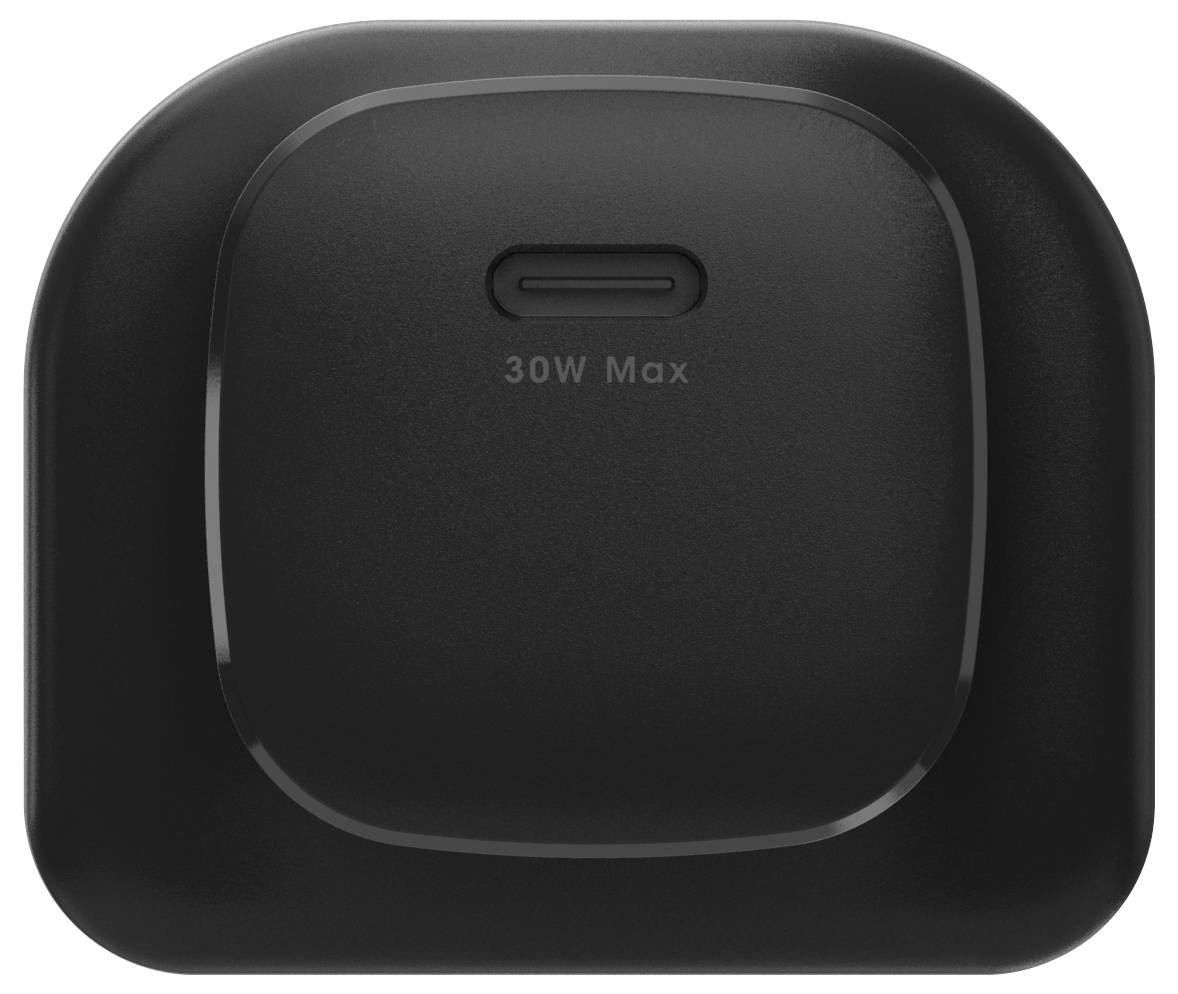 Sort kvadratisk vægladere med en enkelt USB-C-port og '30W Max' trykt under porten.