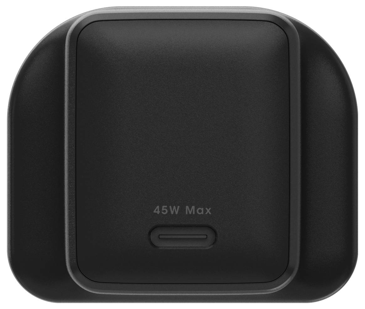 Sort firkantet 45W Max vægoplader med en enkelt USB-C-port, vist forfra på hvid baggrund.