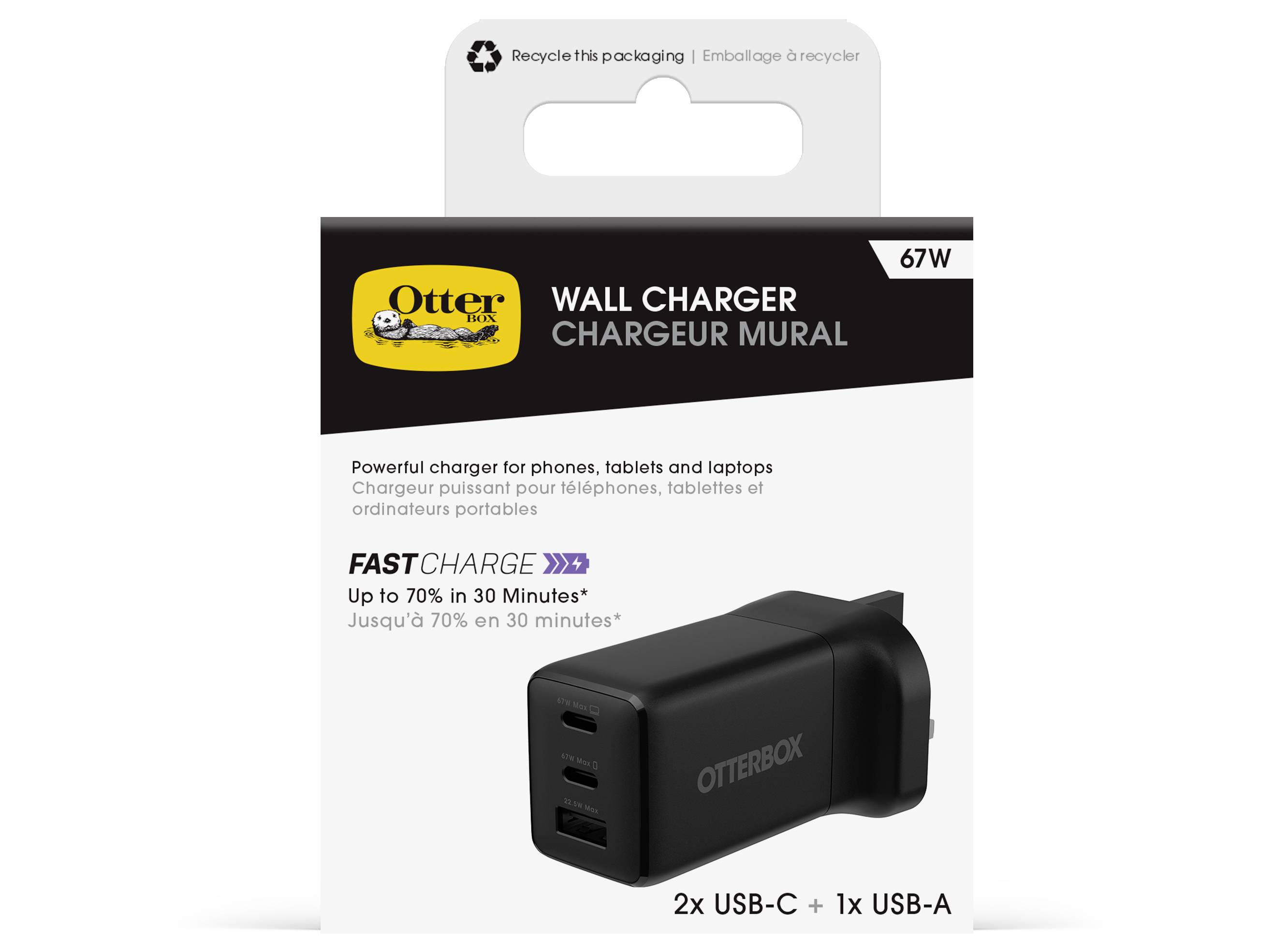 OtterBox 67W vægoplader pakke, der viser en sort oplader med 2 USB-C-porte og 1 USB-A-port, mærket hurtigopladning.