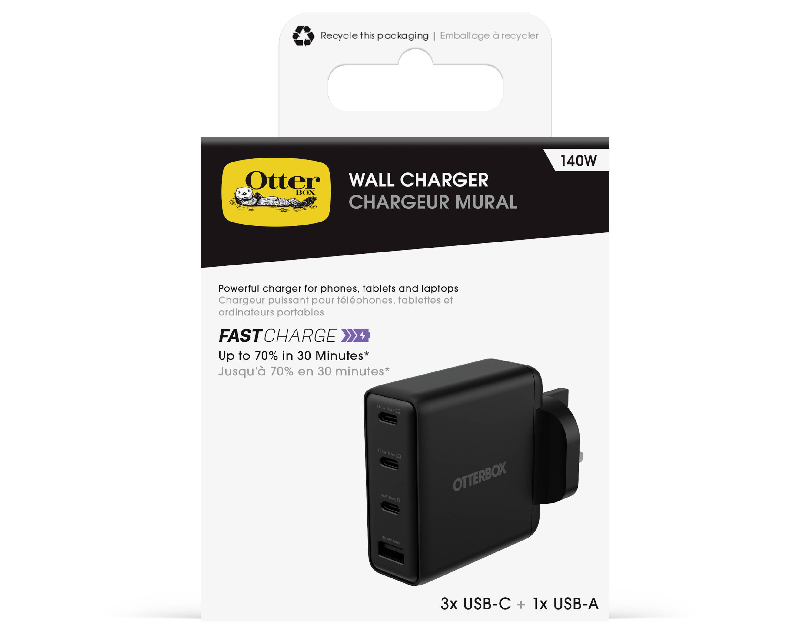 Otter vægoplader emballage med en 140W strømadapter med 3 USB-C-porte og 1 USB-A-port, mærket Hurtig opladning.