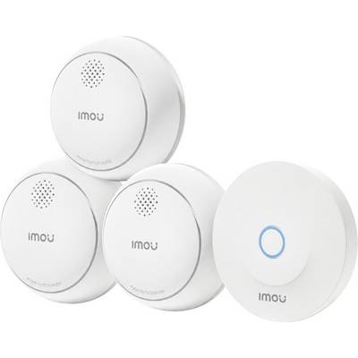 Fire hvide Imou trådløse røgdetektorer med højttalerhulleri og en enhed med blå ring, vist som en produktvisning.