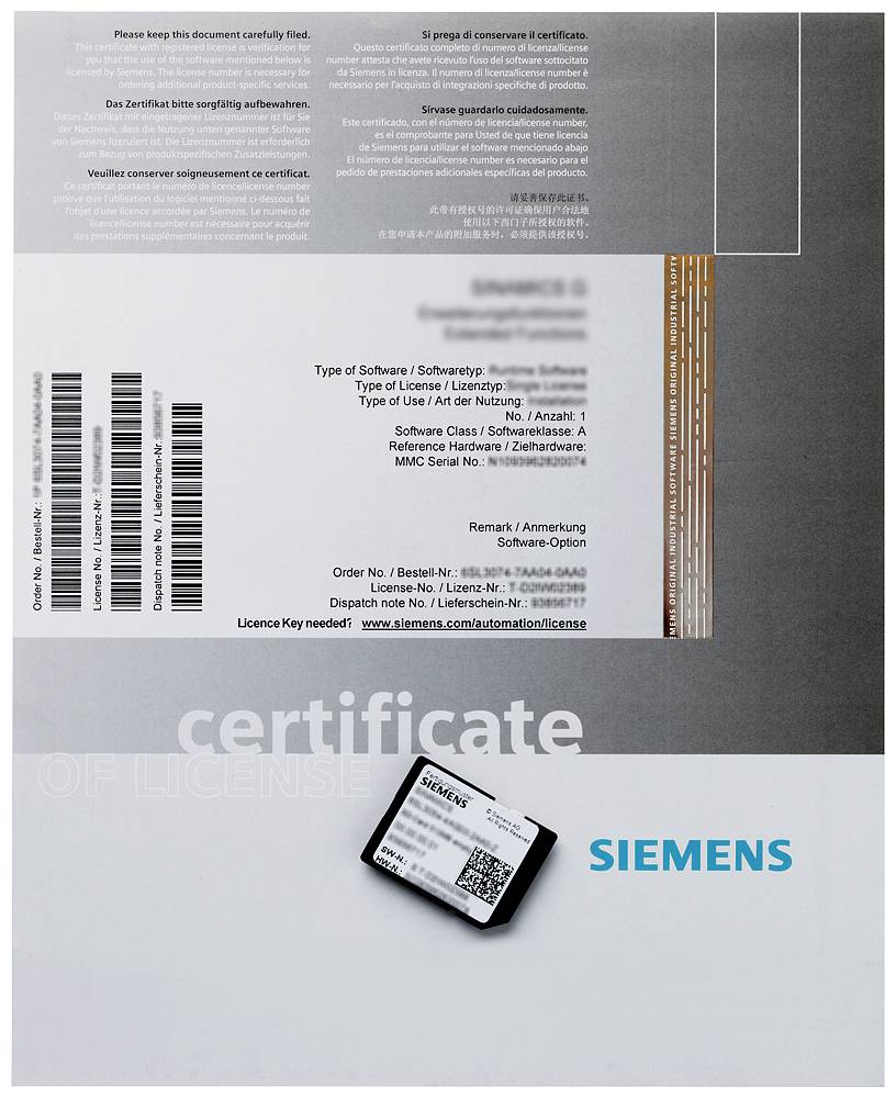 Siemens softwarelicenscerifikat med serienumre og stregkoder, plus et licenskort på en lys baggrund.