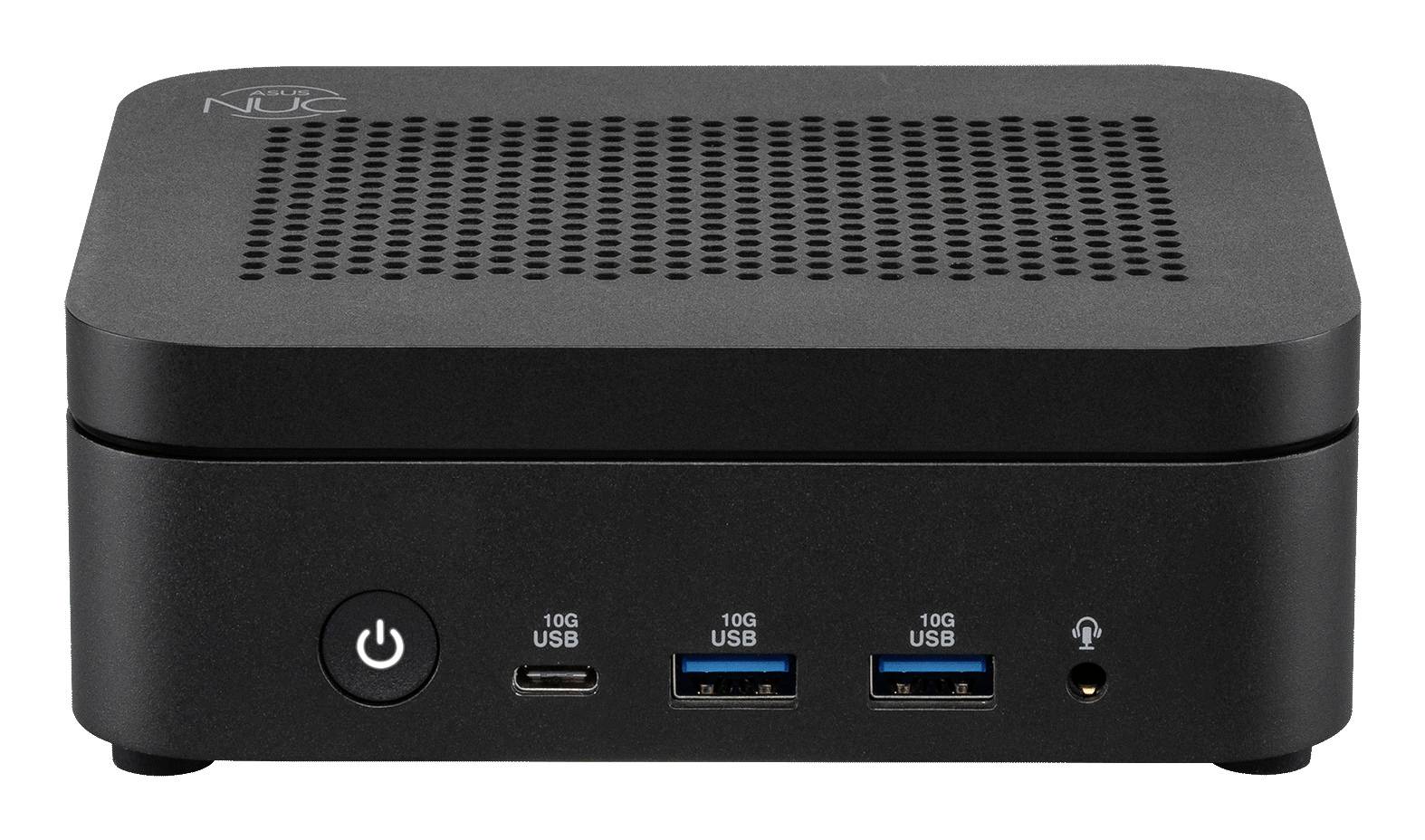 Sort NUC mini PC-frontvisning med strømbuttom, en USB-C-port, to USB-A 3.0-porte og hovedtelefonkontakt.