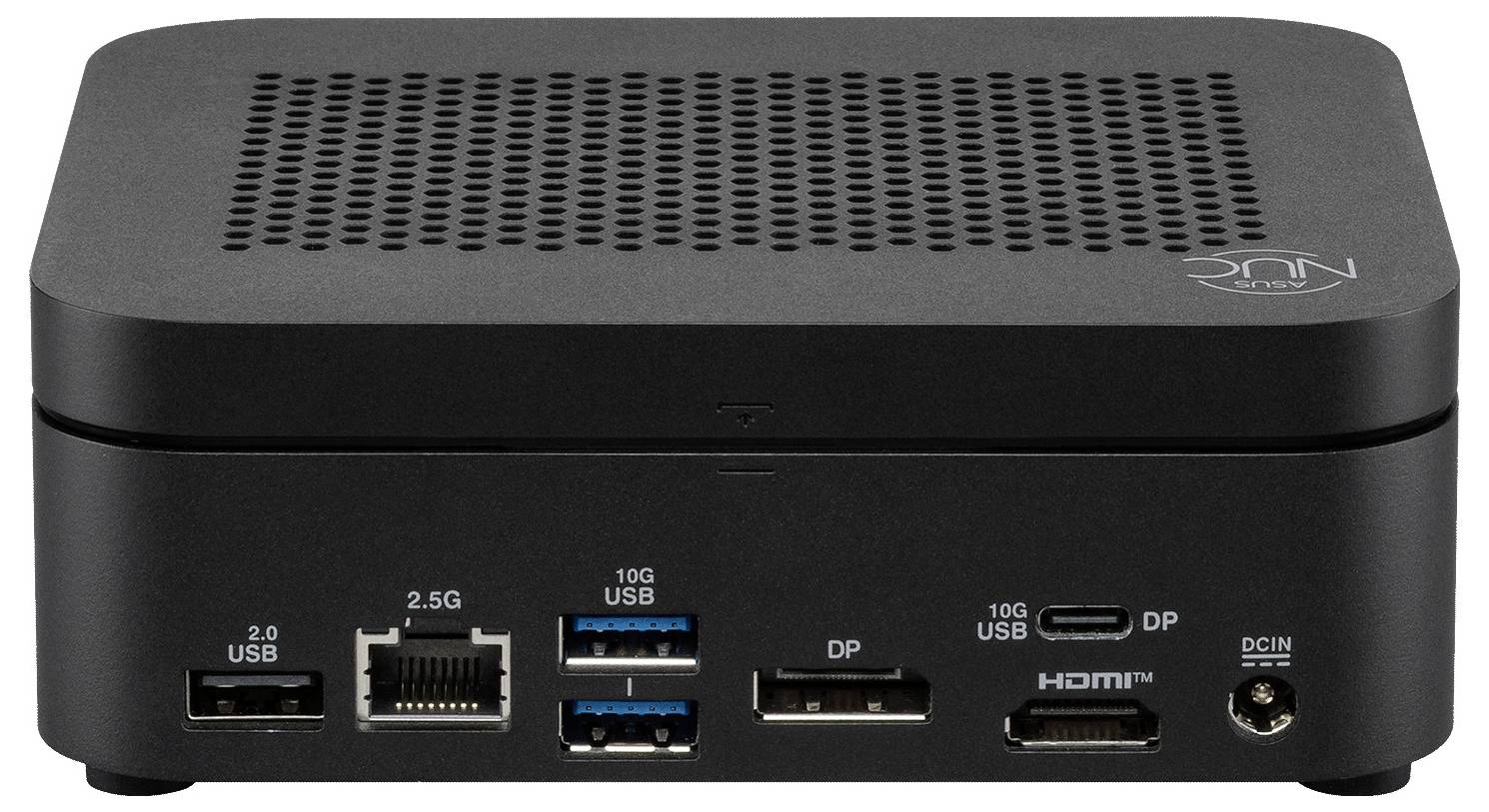Sort mini stationær computer med frontporte: 2.0 USB, 2,5G Ethernet, dual 10G USB, DisplayPort, HDMI og DC-strøm.