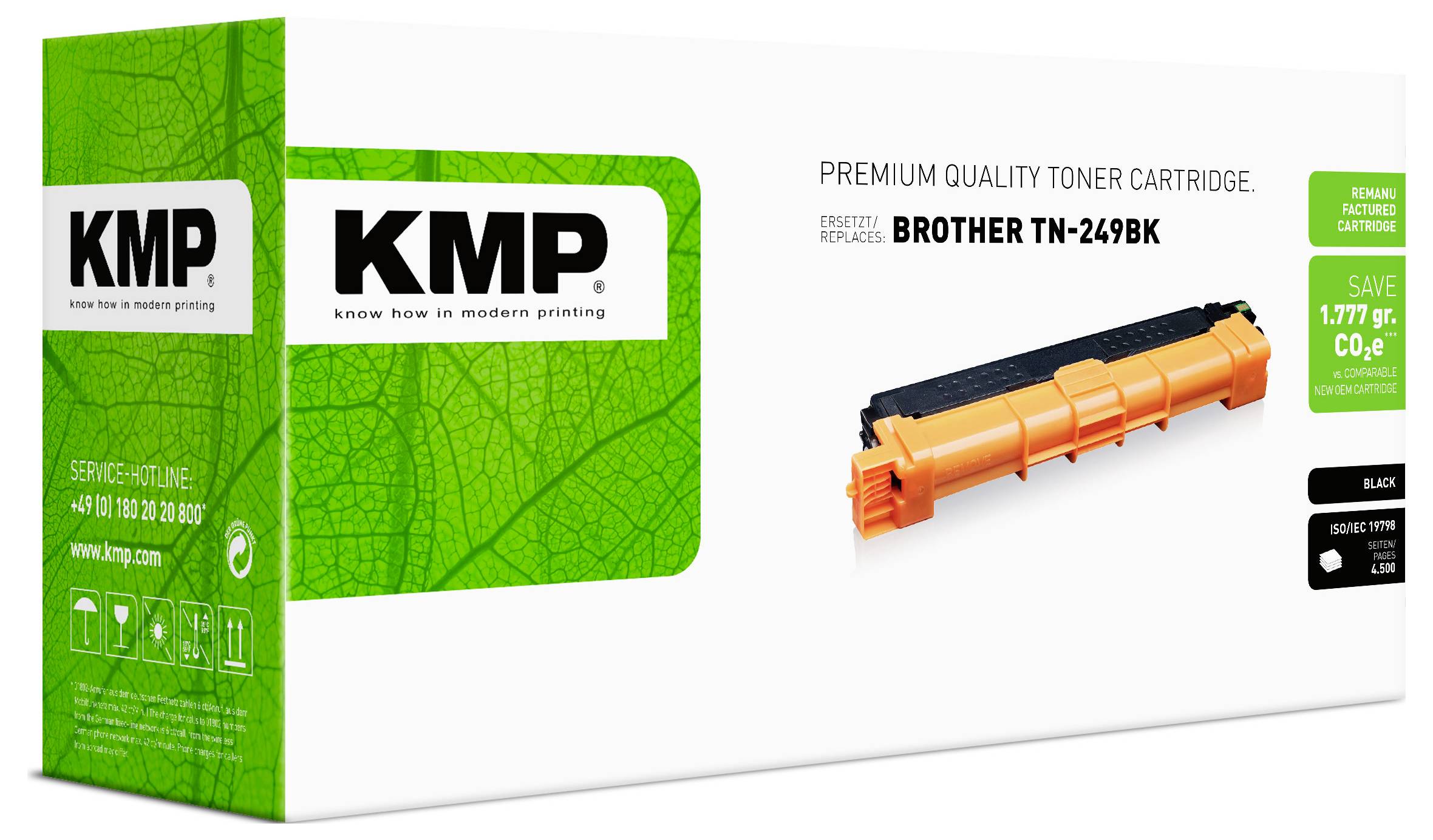 Emballage til KMP premium kvalitets tonerkassette Brother TN-249BK, med orange-sort kassetbillede og grøn KMP-branding på en hvid æske.