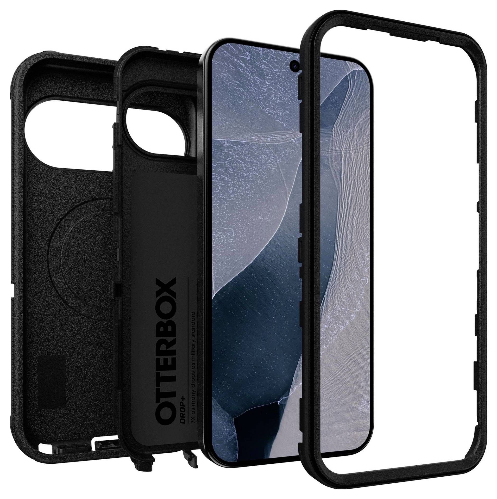 OtterBox telefonetui vist i ekspluderet visning, med tre sorte beskyttende lag adskilt omkring en smartphoneskærm og ramme.