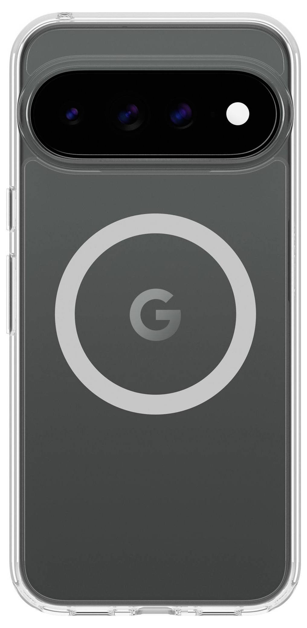 Bagsiden af en mørkegrå Google-telefon i et klart cover, der viser en vandret triple-kamera-bar og centreret Google-logo.