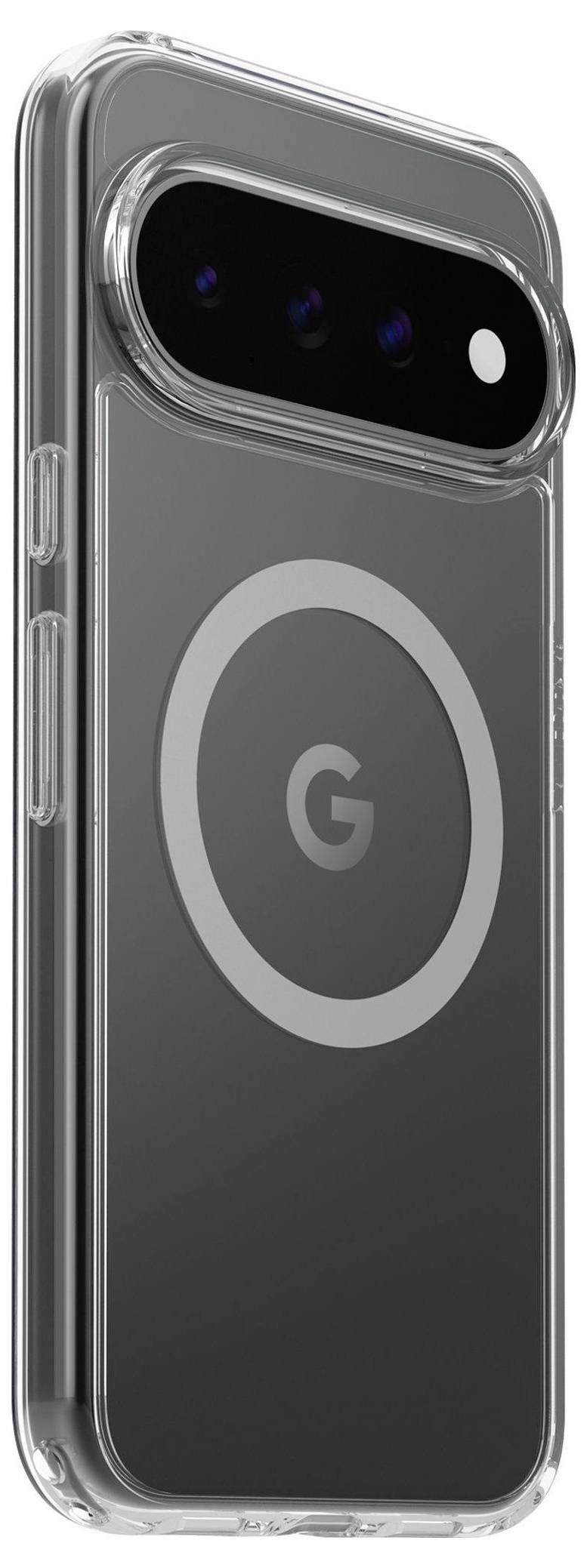 Klar beskyttelsestelefon etui til en smartphone med en stor cirkulær MagSafe-lignende ring og vandret kamerabjælke-udsparingøverst.