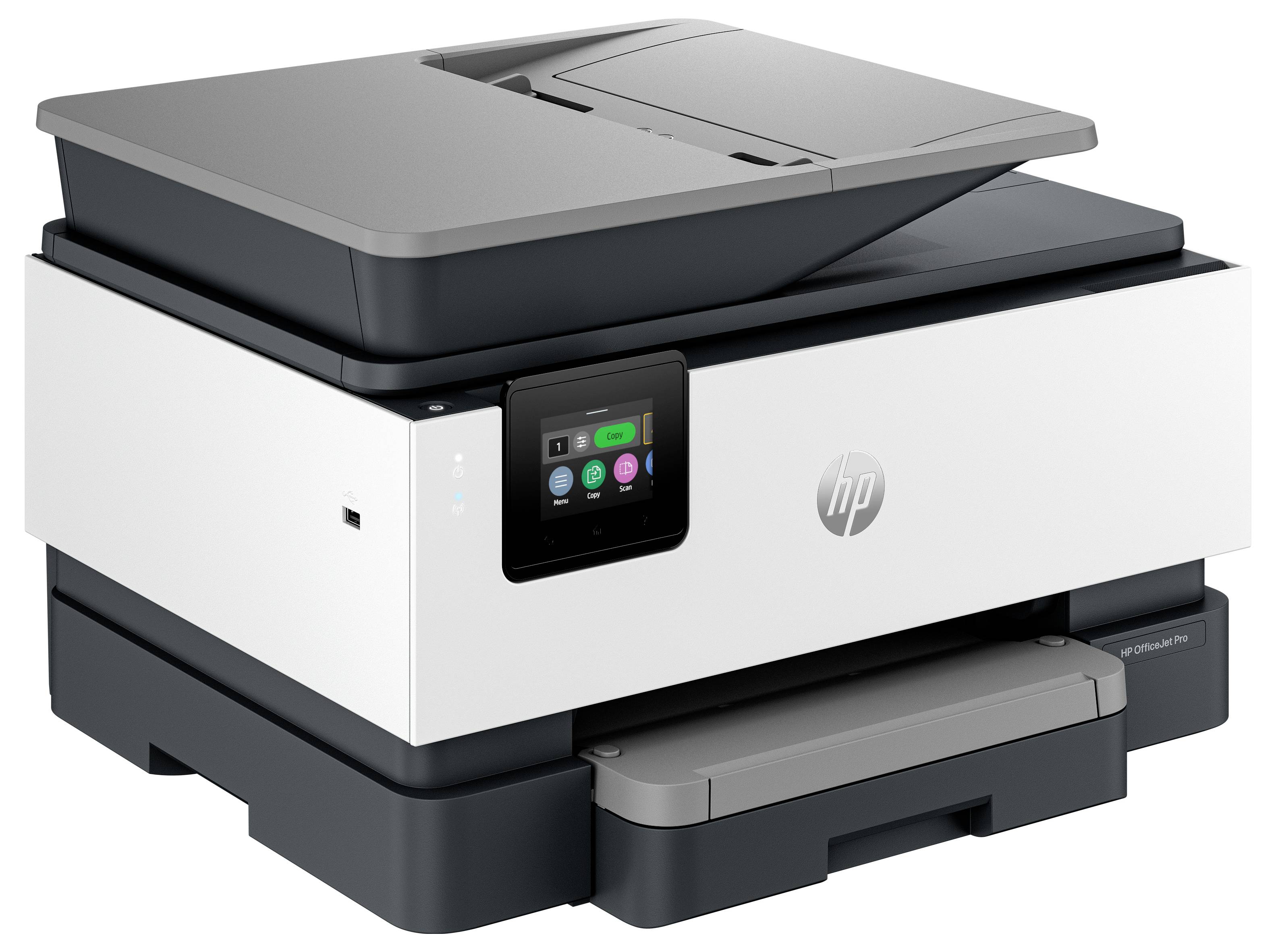 HP alt-i-én printer med scannerlåg, touch-control panel og papiroutput bakke foran på hvid baggrund