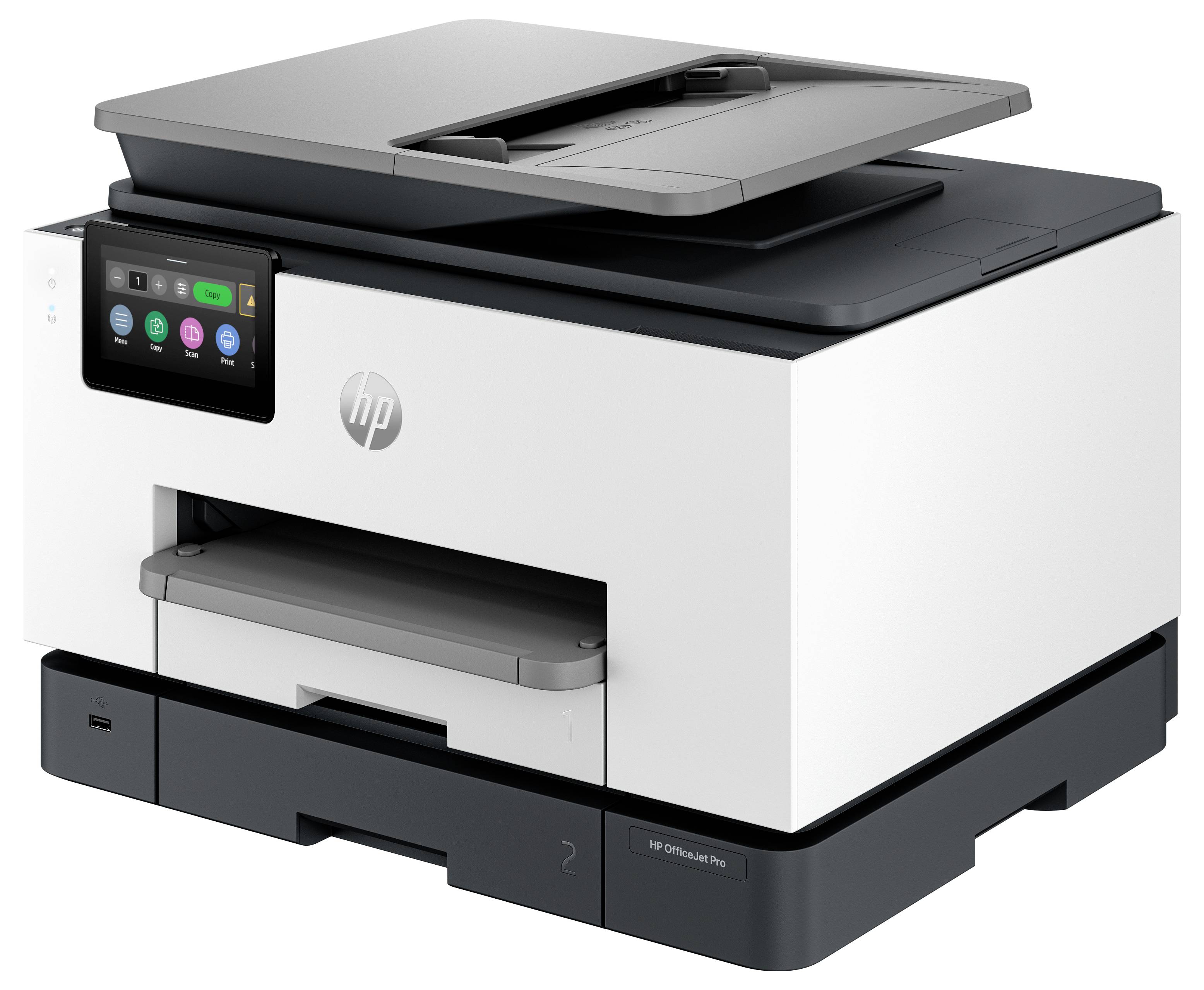 HP OfficeJet Pro alt-i-én printer med scannerlåg, touchscreen-display og papirmagasin på hvid baggrund.