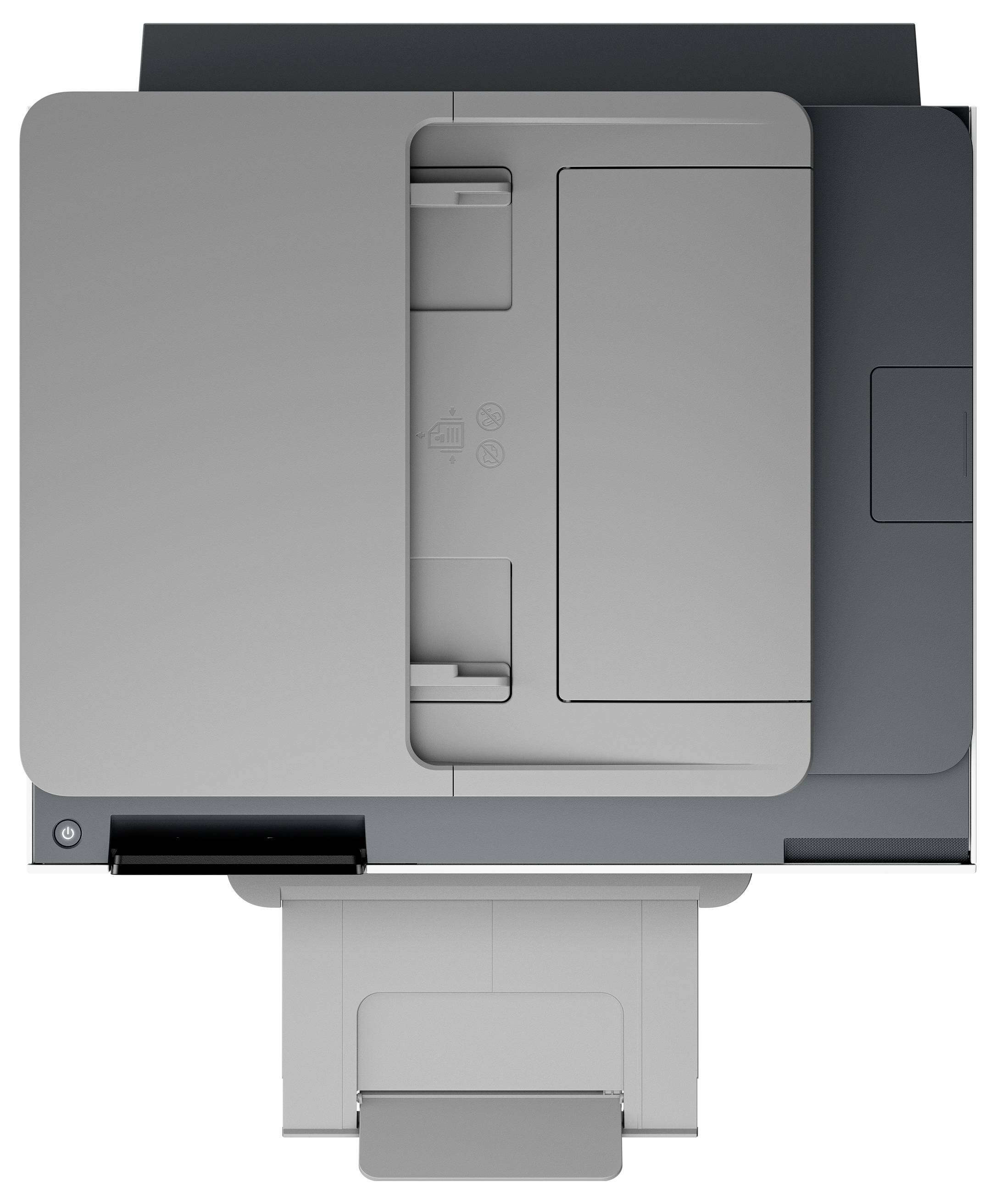 Frontvisning af en printer eller multifunktionsenhed med dens papirbakke og adgangspaneler åbne eller udstrakt.