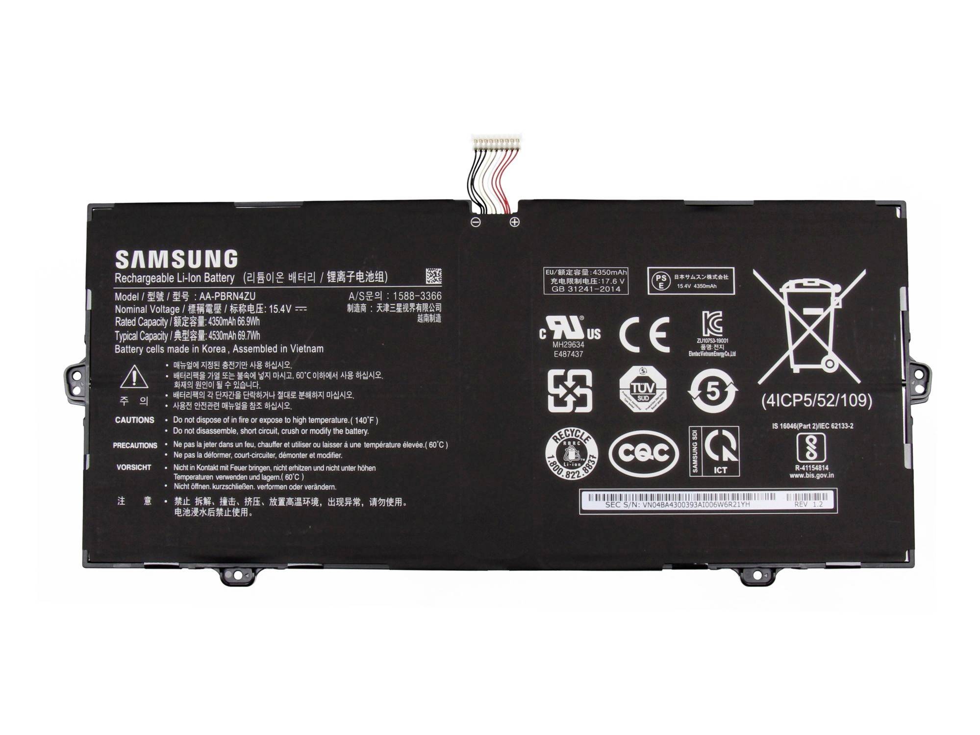 Sort Samsung genopladelig lithium-ion batteripack med stikforbindertabs og sikkerhedscertificeringsmærker.