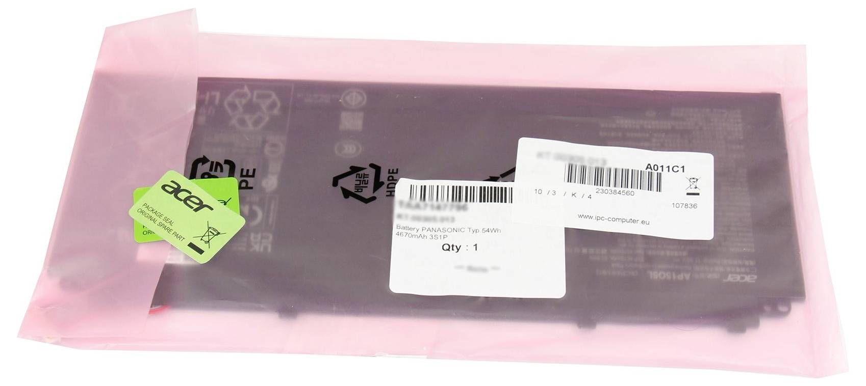 En sort Acer-laptopkomponent forseglet i en pink antistatisk pose med stregkodetiketter og mængdeetiket.
