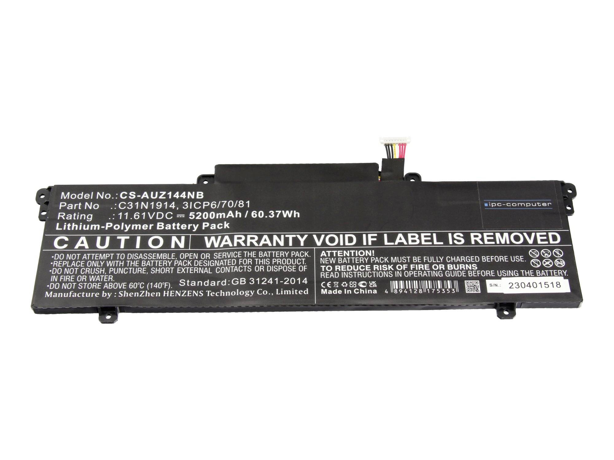 Bærbar batteripakning med advarselsetiket, der viser model CS-AU2144NB, 11,1V 5200mAh, 60,37Wh, og forsigtigheds tekst om batteriskift og bortskaffelse.