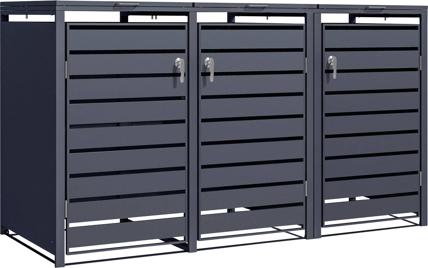 Tre-panel mørkegrå metallagringskabinet med vandrette lameller og låsehåndtag, vist forfra på hvid baggrund.