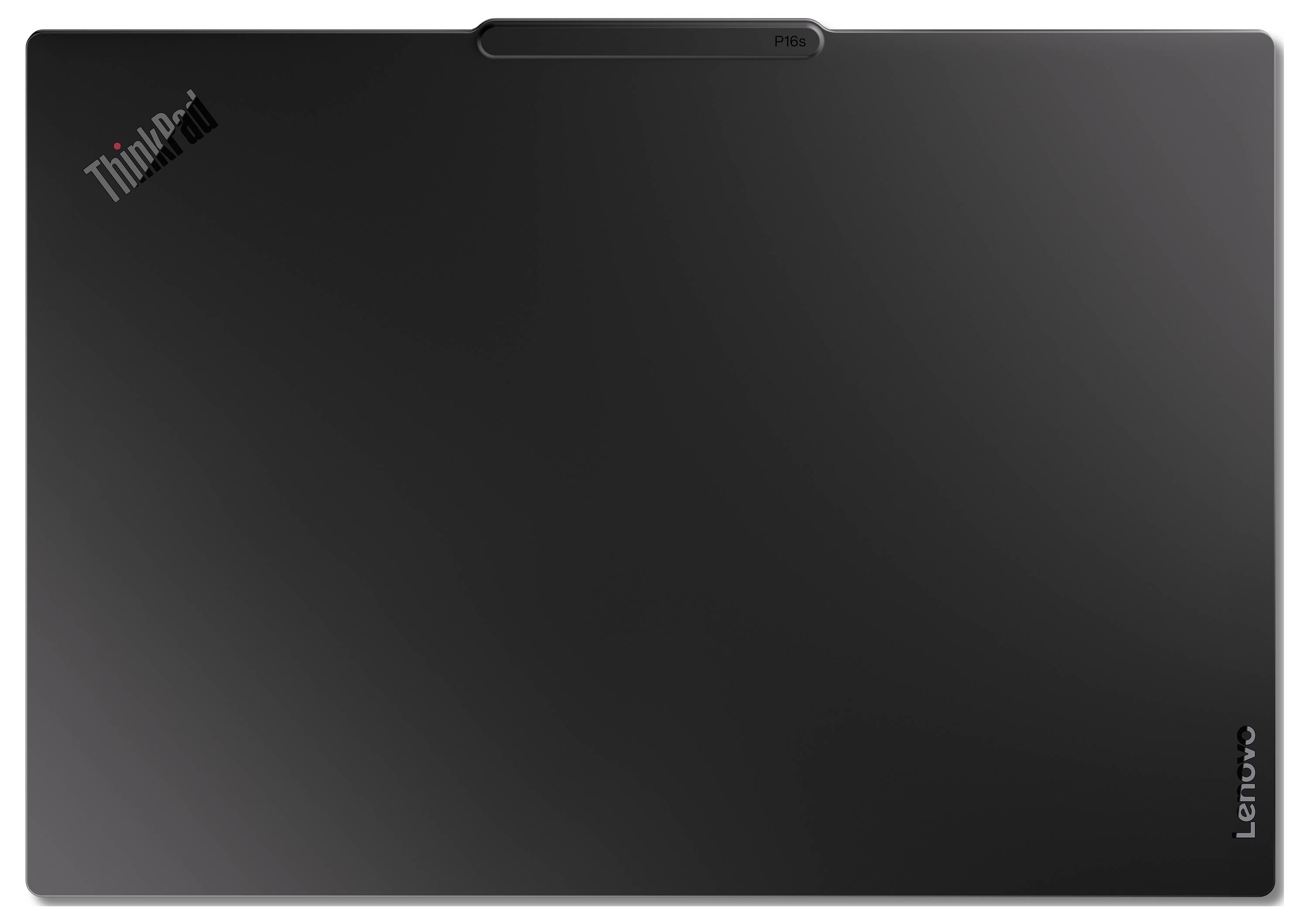 Topvisning af en sort Lenovo ThinkPad-bærbar computerskærm med ThinkPad-logoet i hjørnet.