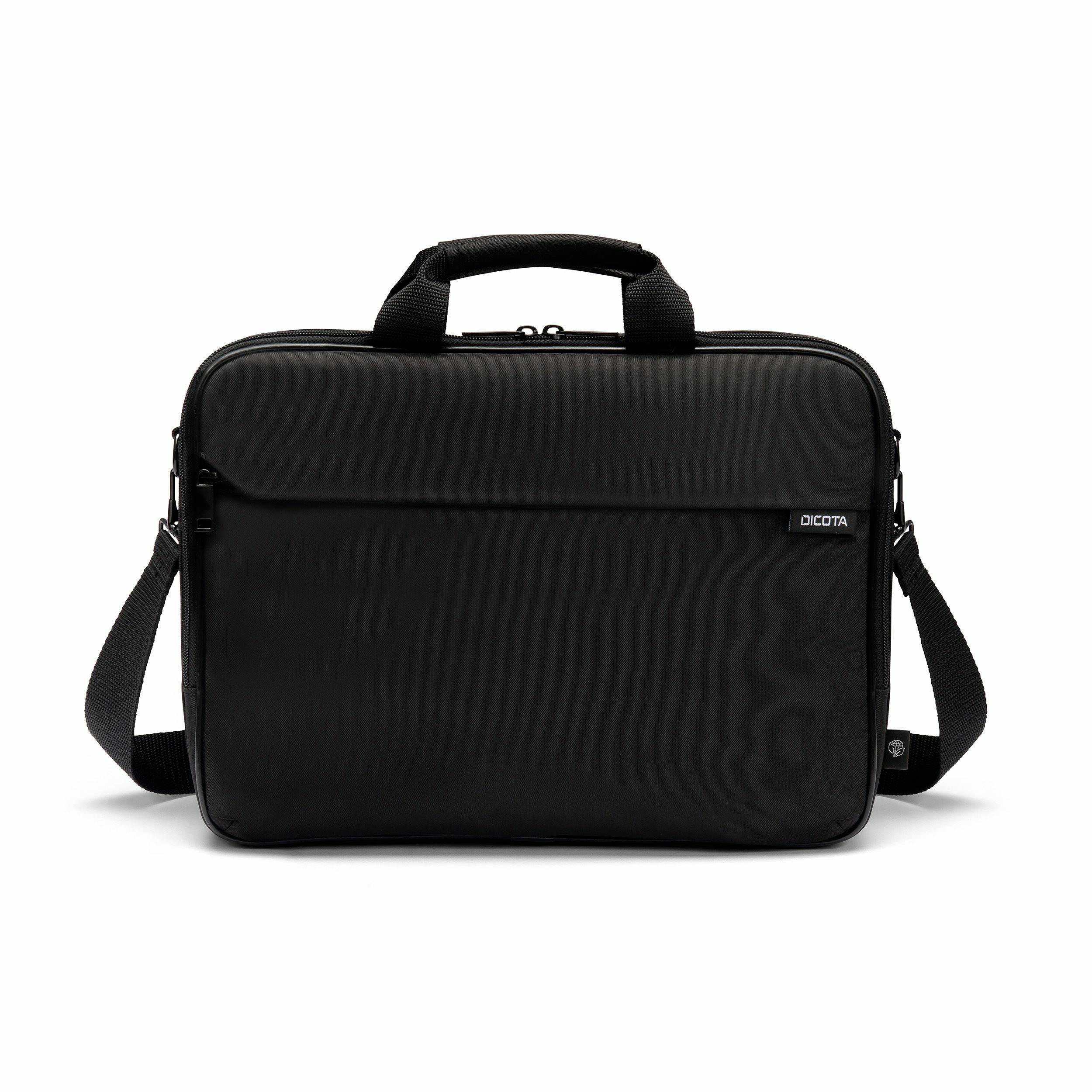 Sort laptoptaske med topgreb og skulderrem, vist på en hvid baggrund.