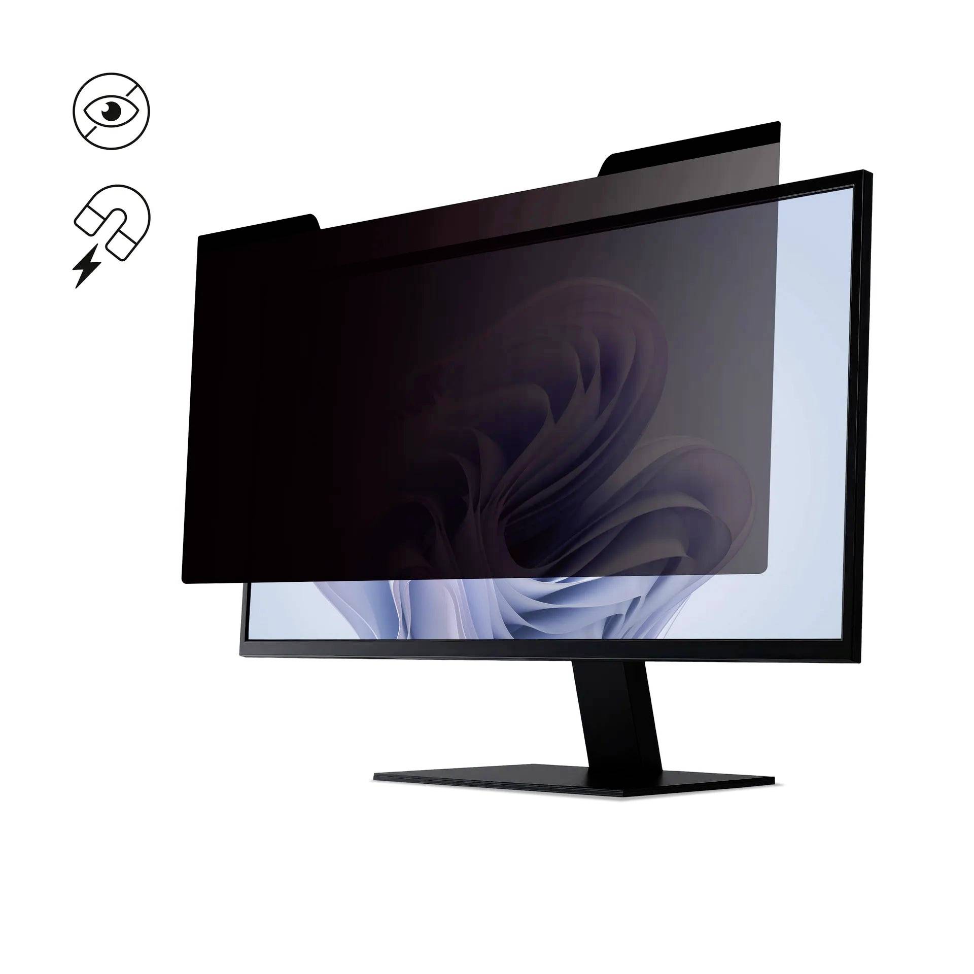 Computermonitor med et privatlivsfilter, der mørklægger displayet og begrænser sideblik; øje- og magnetikoner angiver beskyttelsesfunktioner.