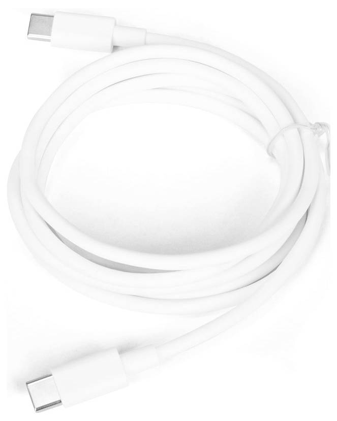 Hvidt USB-C-opladningskabel rullet sammen på en hvid baggrund, med stik synlige i begge ender.