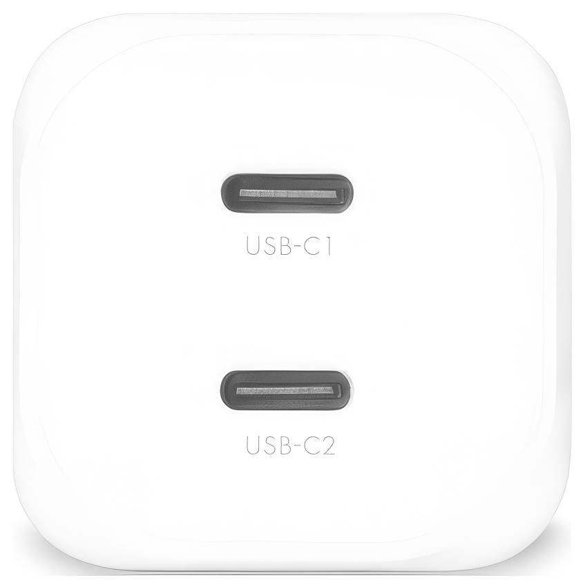 Hvid oplader med to USB-C-porte mærket 'USB-C1' og 'USB-C2'.