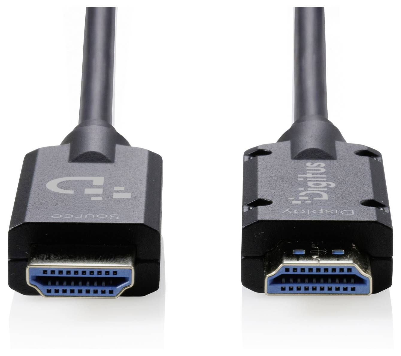 To HDMI-kabler vist side ved side, med mandlige HDMI-stik synlige mod en hvid baggrund.