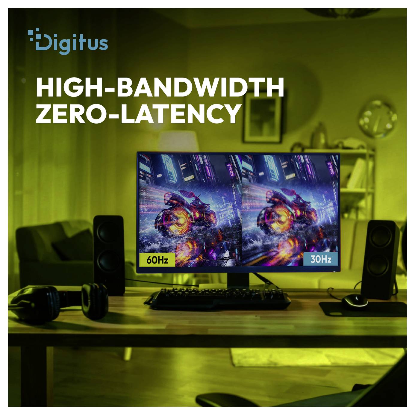 Digitus-annoncer viser et gamingebord med en skærm, der sammenligner "60Hz" og "30Hz" under overskriften "HIGH-BANDWIDTH ZERO-LATENCY".