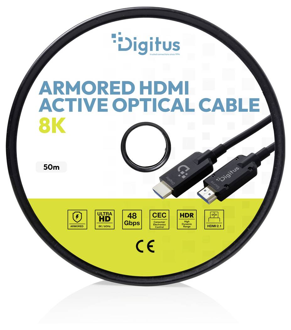 Digitus rustningsbeskyttet aktiv optisk HDMI 8K-kabel, 50m, med HDMI-stik og funktionsikoer for 48 Gbps, CEC, HDR, HDMI 2.1 og CE.