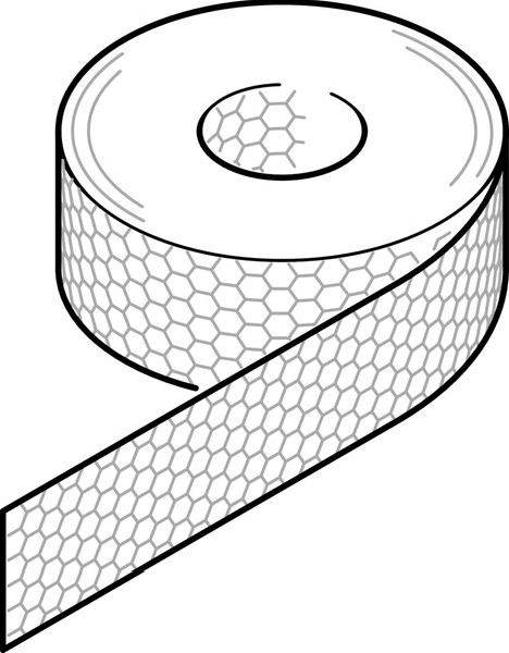 Rulle med bikakemønstret klæbende tape med strimlen rullet ud diagonalt på tværs af billedet.