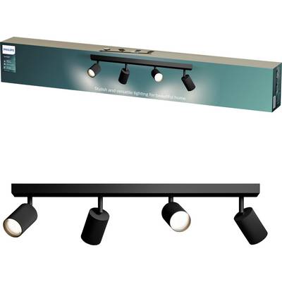 Philips firlygte sort spotkaster, vist med produktboks og fire justerbare cylindriske lampehoveder på en stang.