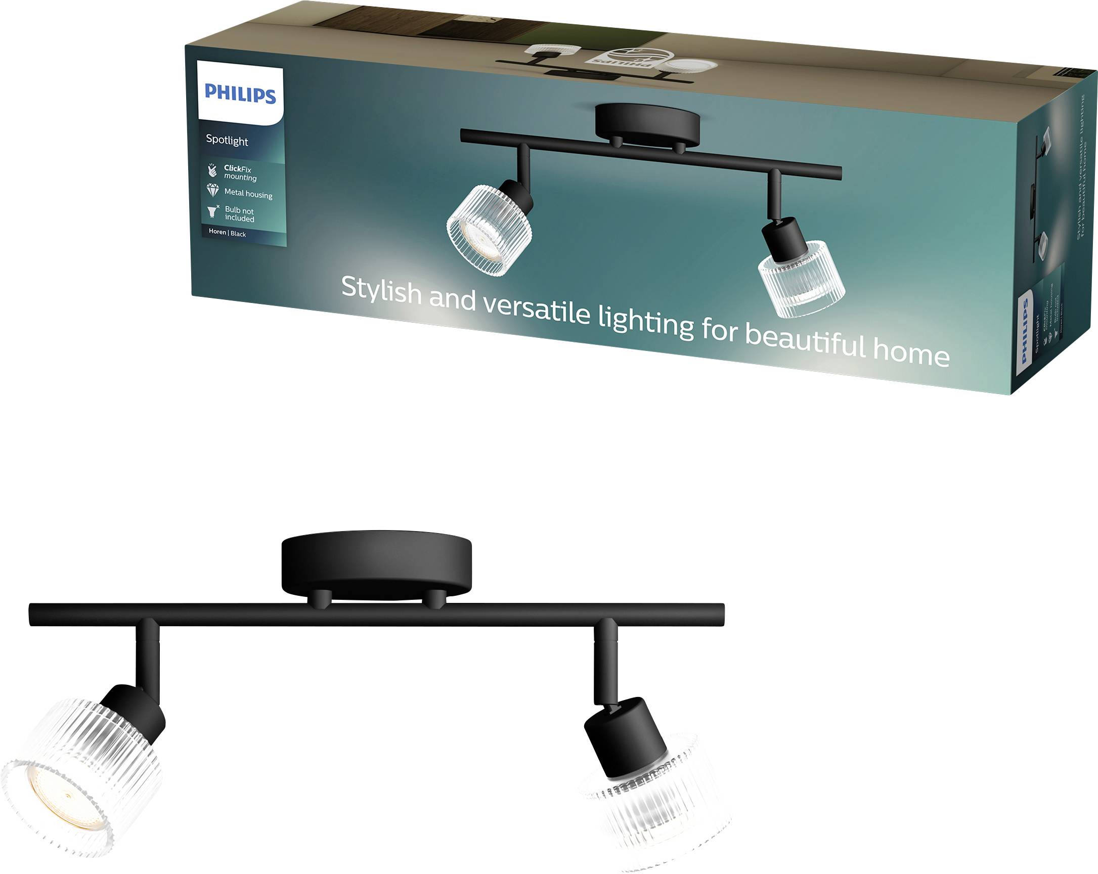 Philips spotlightloftslampe med to justerbare lamper, vist på produktkassen og nedenfor på hvid baggrund, mærket 'Stilfuld og alsidigt belysning til et smukt hjem'.