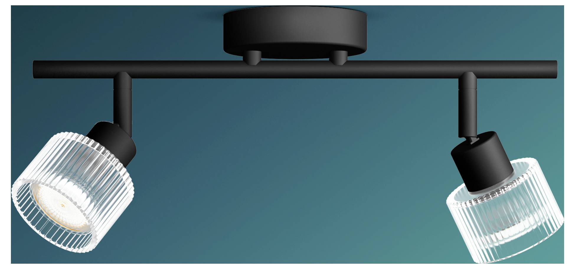 To adjustable spotlights monteret på et sort spor mod en blågrøn baggrund.