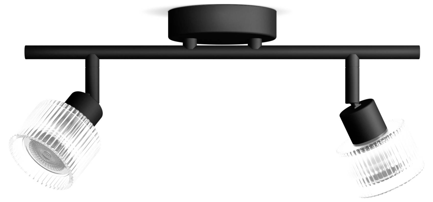 Sort loftlampe med to justerbare spotlights, een vinklet til venstre og een til højre.