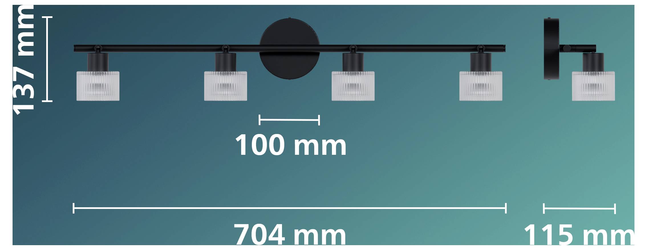 Diagram af en loftslyseskinneliste med fem spotlights, mærket med dimensioner på 100 mm, 137 mm, 704 mm og 115 mm.