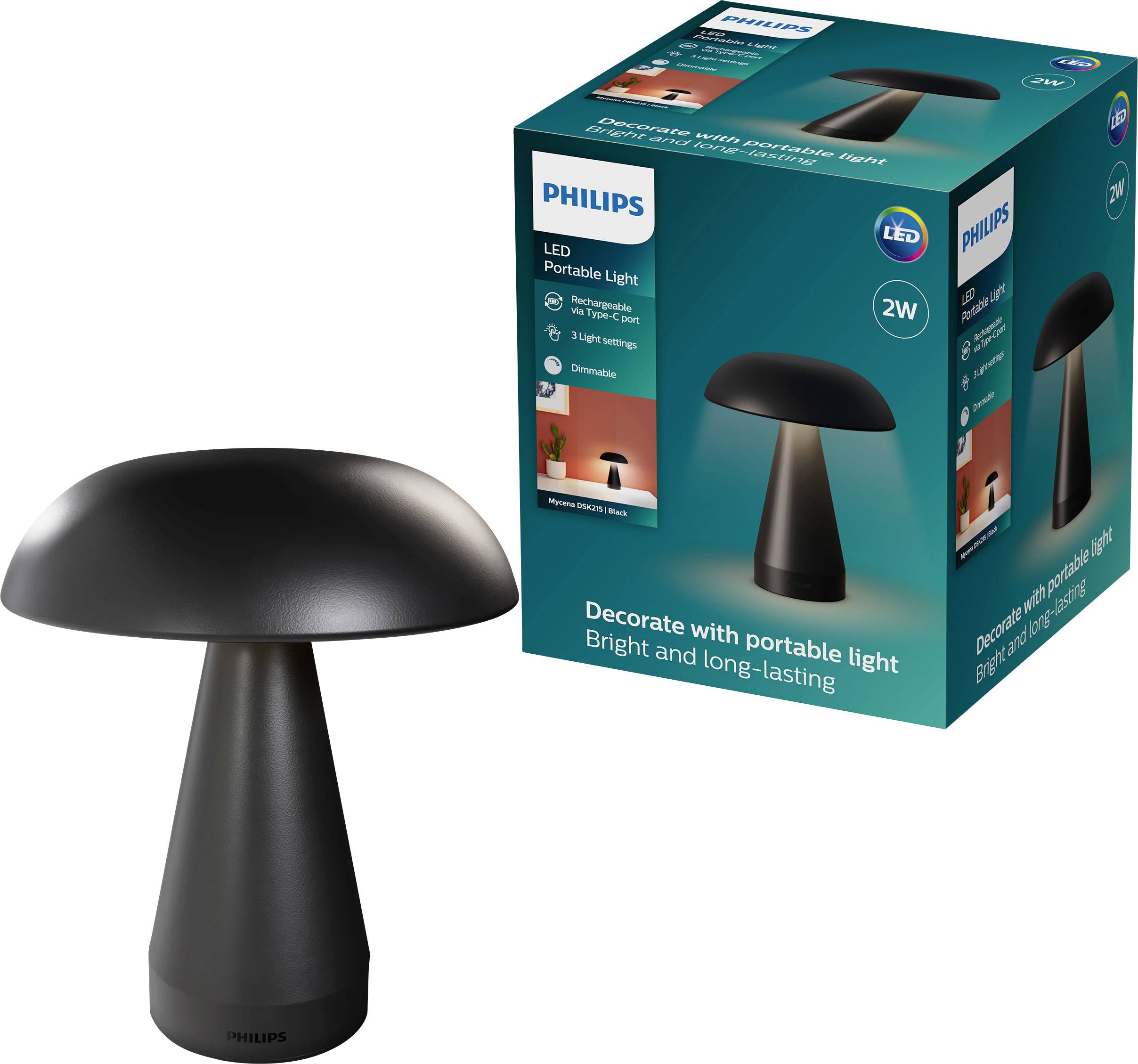 Sort Philips LED-bærbar bordlampe vist ved siden af sin produktboks, mærket 2W og 'Pynt med bærbart lys, Lyst og holdbart'.