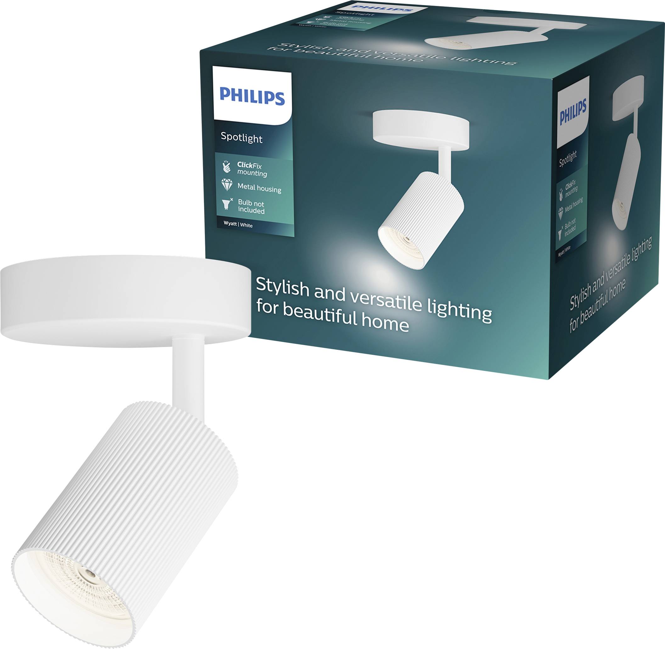 Philips hvidt spotlight med kasseemballage, vist som stilfuld og alsidig belysning til hjemmet.