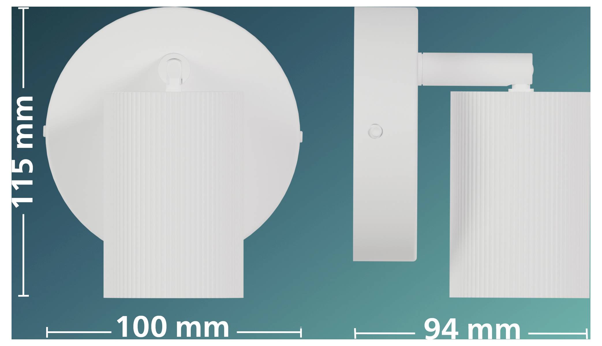 Teknisk tegning af en rundform væglampe, der viser for- og sidevisninger med dimensioner angivet som 115 mm høj, 100 mm bred og 94 mm dyb.