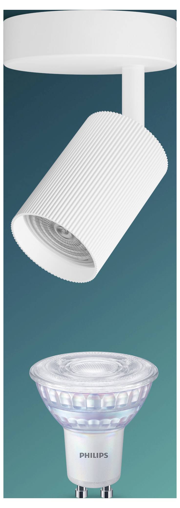Stiliseret Philips LED-spotlightpære vist adskilt i dele, med en riflet cylindrisk krop og reflektorlinse, på en blågrøn gradientbaggrund.