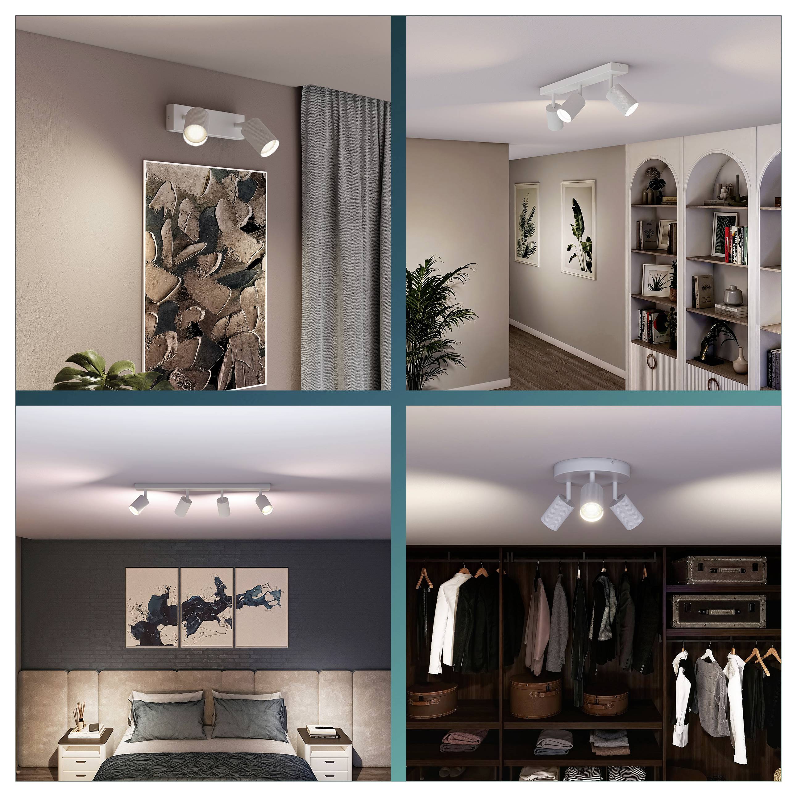 Collage af moderne indendørsrum belyst af justerbare loft- og vægspot, som fremhæver kunstværker, hylder, et soveværelse og et garderobe.