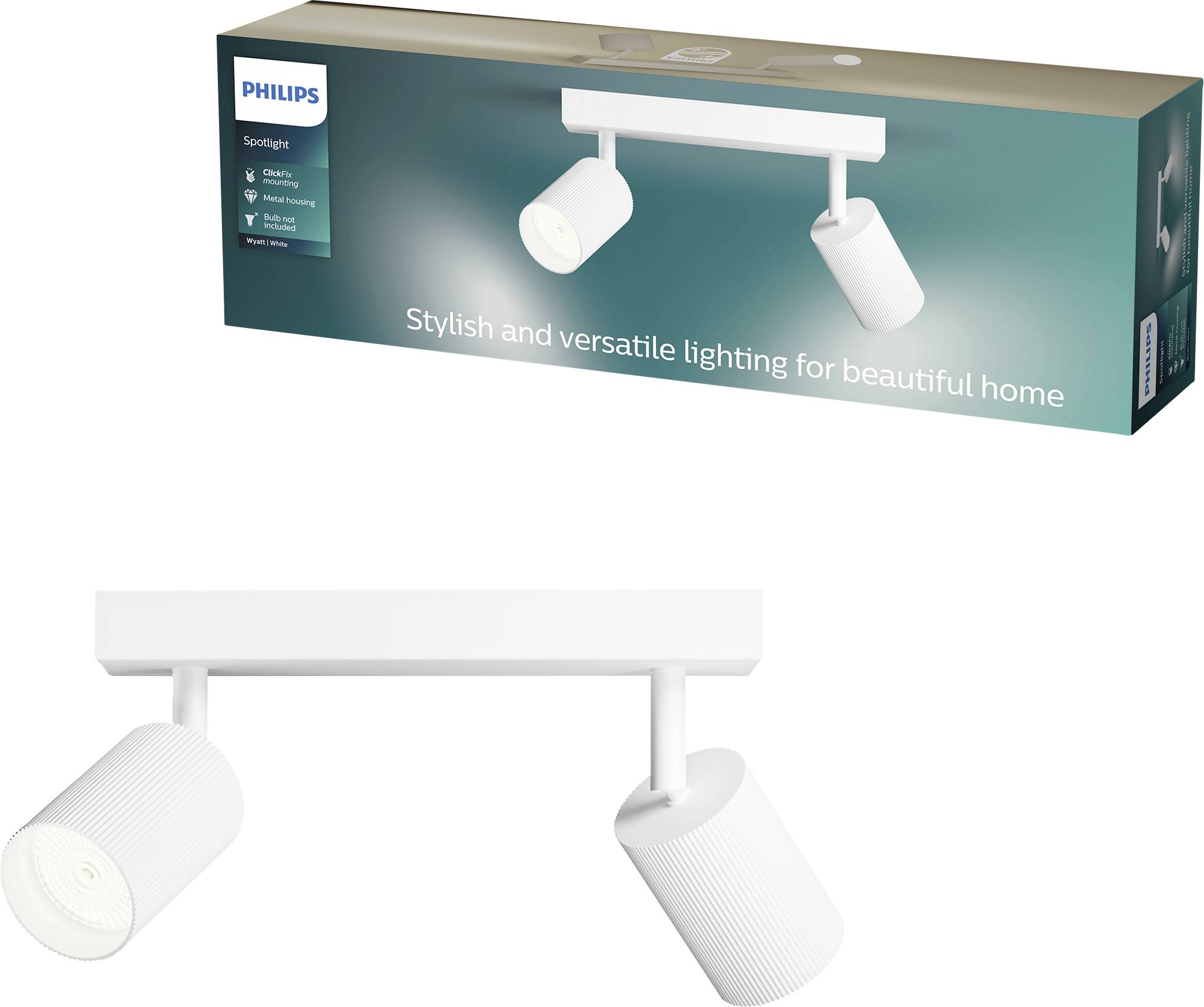 Philips hvidt toarmret spotlightarmatur vist på produktbaksen og på et rent produktfoto.