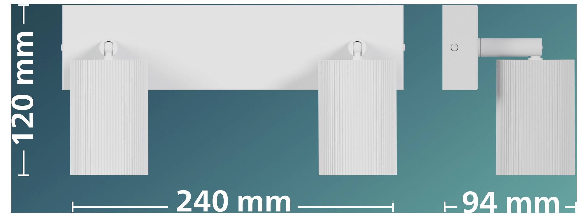 Teknisk tegning af et hvidt T-formet panel med tre lodrette sektioner, mærket med dimensioner på 120 mm højde, 240 mm bredde og 94 mm på højre sektion.